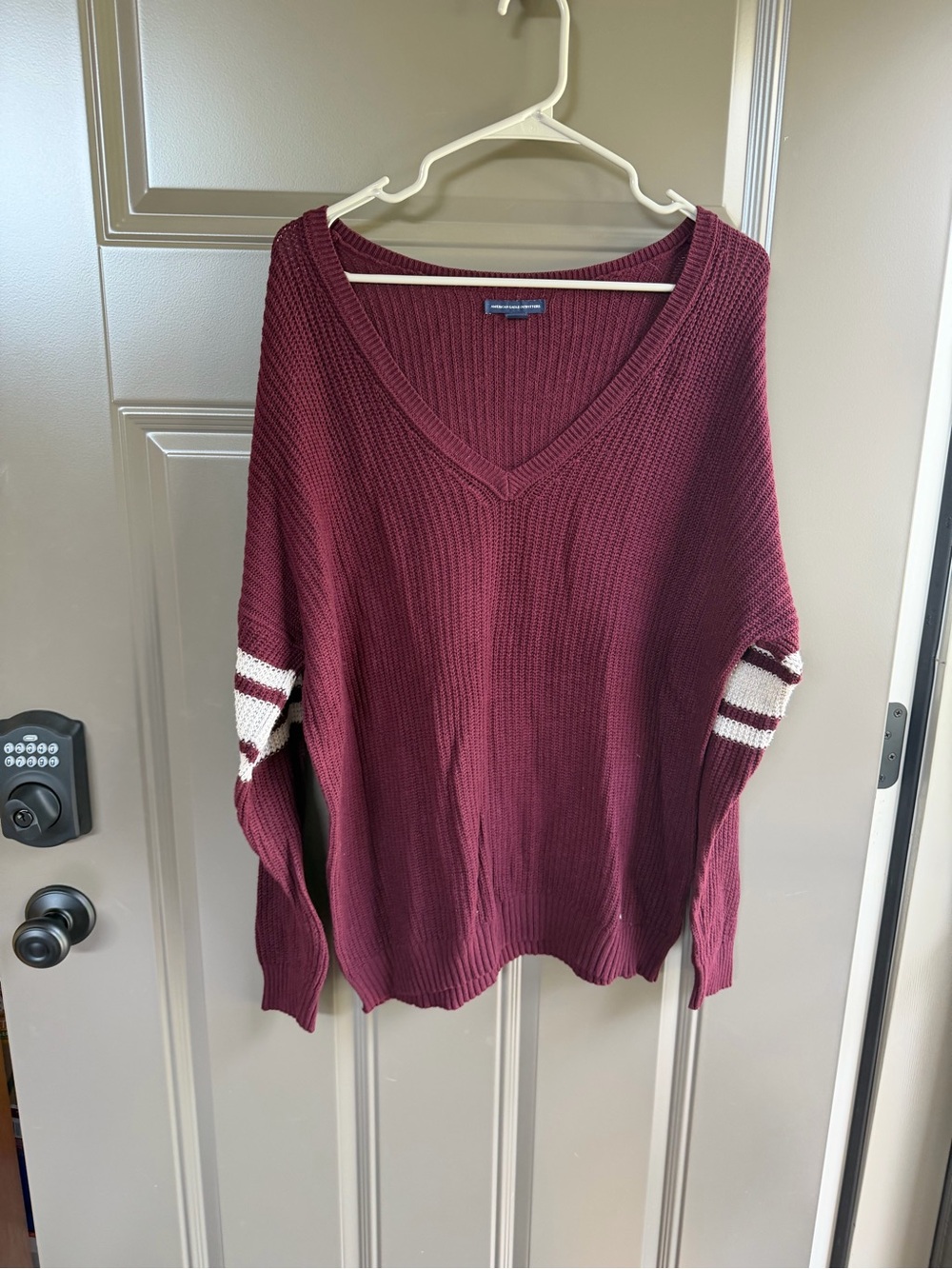 American Eagle Outfitters Maroon V-Neck Sweater w/White Stripe Sleeves, Size L